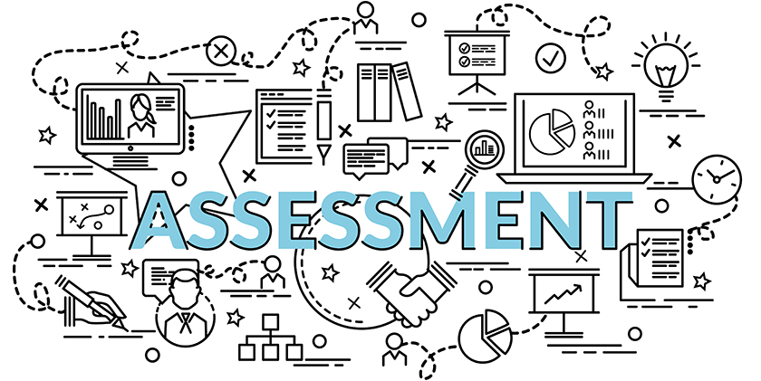 Flat colorful design concept for Assessment. Infographic idea of making creative products. Assessment